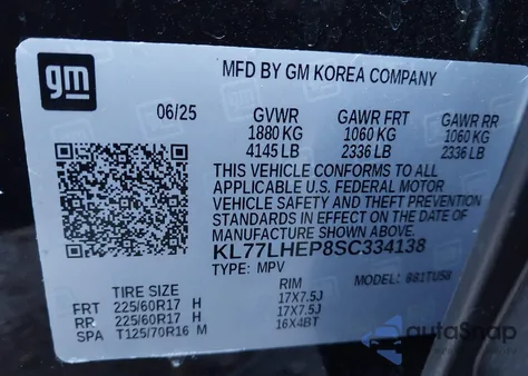 2025 Chevrolet Trax Fwd Lt из США, поврежденный, VIN KL77LHEP8SC334138